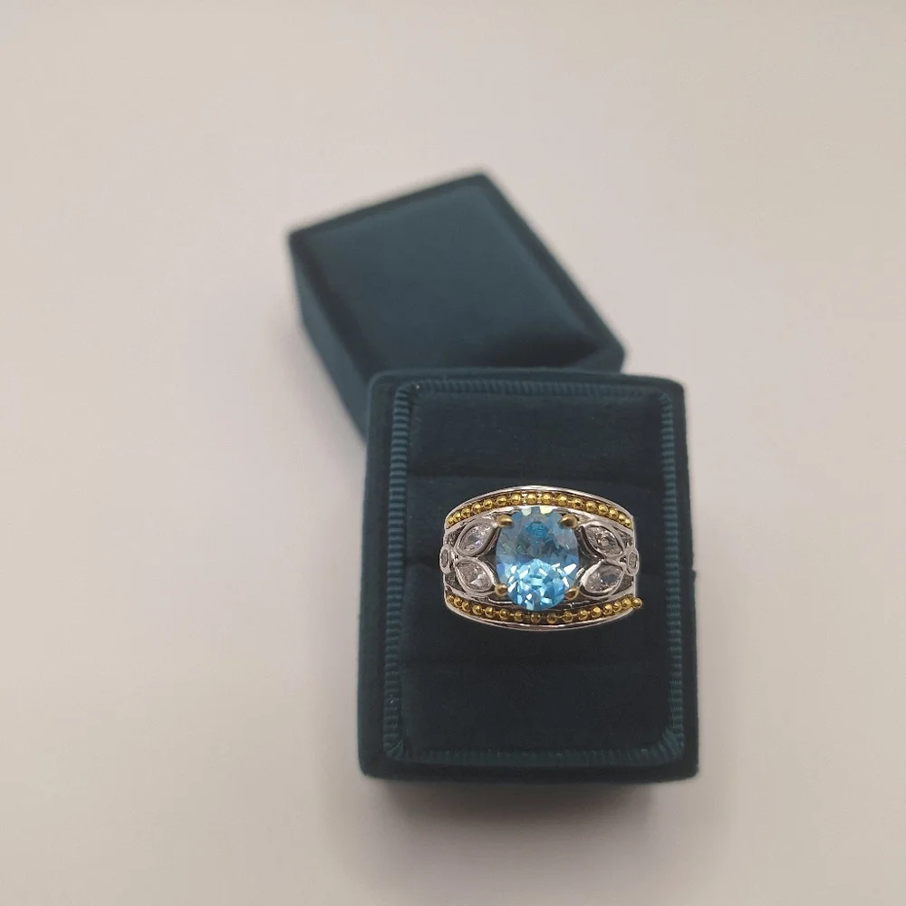 Blue Swarovski Crystal Oval Ring | Two-Tone Silver & Gold | Size 7